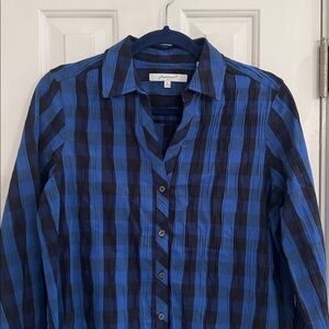 NWT Foxcroft Cobalt & Navy Striped Button-Down Crinkled Shirt